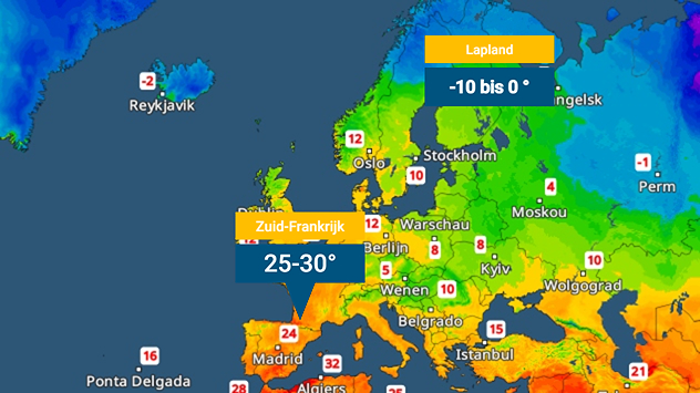 De TemperatuurRadar van Europa toont temperaturen tot 30 graden in Zuid-Frankrijk en 0 tot -10 graden in Lapland.