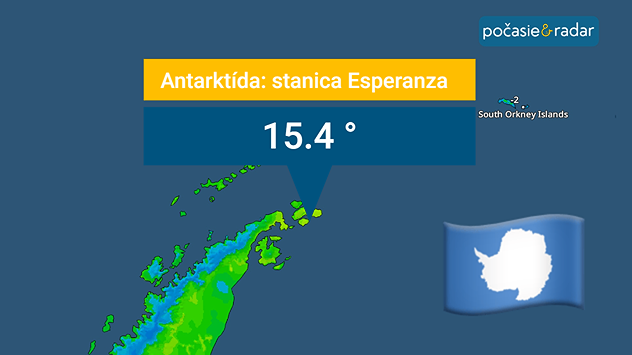 Mapa Antarktického polostrova so zvýraznenou stanicou Esperanza, kde bola nameraná júnová teplota 15,4 °C