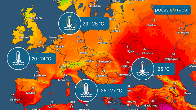 Mapa Európy s teplotami vzduchu a vyznačenými teplotami vody v moriach okolo kontinentu