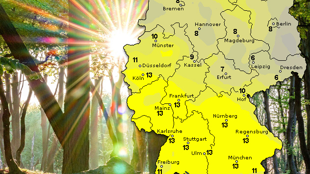 Deutschlandkarte mit prognostizierten Sonnenstunden am Samstag. Im Westen und Süden werden bis zu 13 Sonnenstunden erwartet, im Osten teils nur 6 bis 8 Stunden.