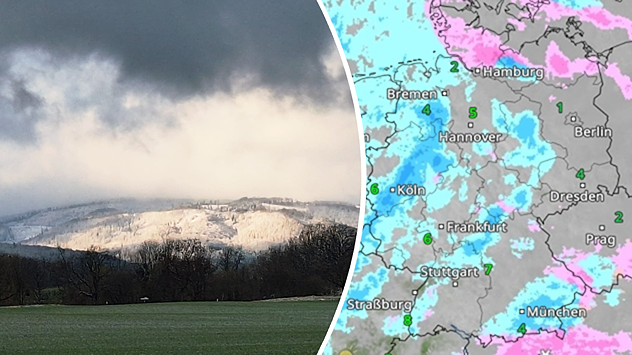 Schneebedeckte Hügel unter dunklen Wolken und Wetterkarte mit Schneefeldern über Deutschland.