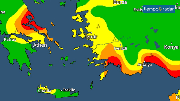 El mapa de alertas muestra riesgo de fenómenos meteorológicos extremos en algunas zonas de Grecia y Turquía.