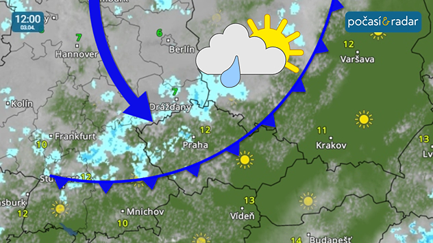 Meteoradar, screenshot, 3. 4. 12:00: V pátek bude přes Česko přecházet slábnoucí studená fronta.