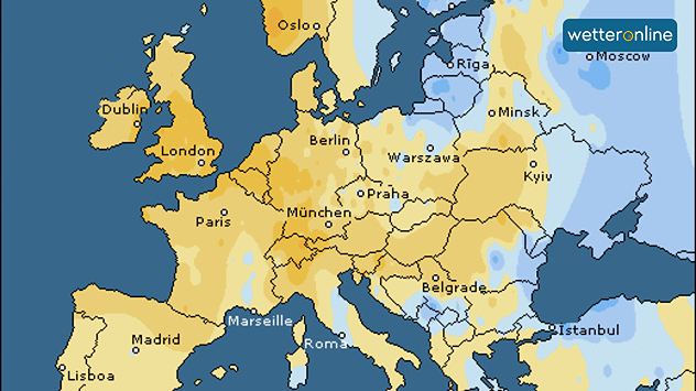 Karte mit Niederschlagsabweichungen zeigt über den meisten Teilen Europas weniger Niederschlag als im Klimamittel