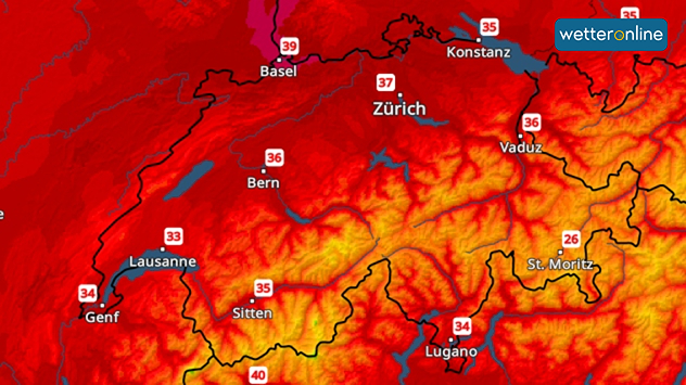Temperaturkarte Schweiz zeigt 33 bis 40 Grad