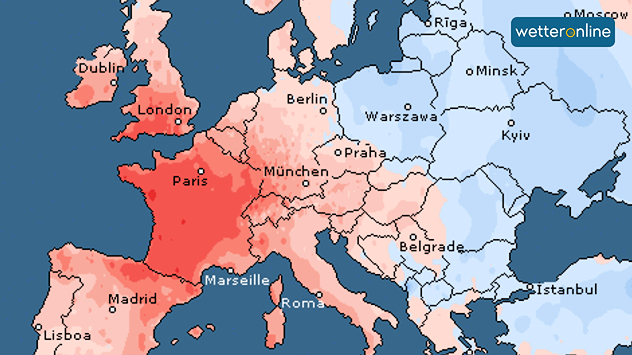 Europakarte mit Temperaturabweichungen sehr große Abweichungen über Westeuropa und leicht negative Abweichungen über Osteuropa.
