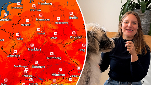 TemperaturRadar mit Höchstwerten um 30 Grad am Samstag, daneben Moderatorin mit Hund