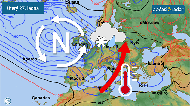 Předpověď synoptické situace nad Evropou na úterý 27. ledna: Česko se bude po většinu nového týdne nacházet pod vlivem rozsáhlé oblasti nízkého tlaku vzduchu nad západní, střední a jižní Evropou. Vzduch k nám bude po většinu týdne proudit teplejší od jihozápadu.