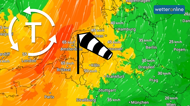 WindRadar mit Sturmböen bis 65 km/h über Benelux und Westdeutschland, Tiefdruckgebiet westlich von Europa