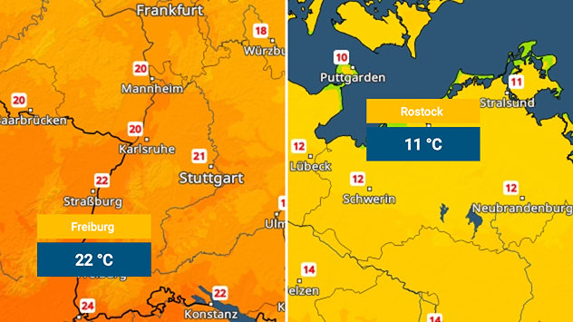 Zwei Karten zeigen Temperaturen in Deutschland: im Südwesten um 22 Grad, im Nordosten etwa 11 Grad.