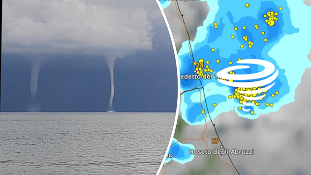 Links: Bild von zwei Wasserhosen Rechts: WetterRadar mit Gewitter