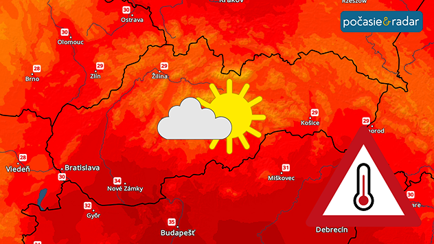 Snímka teplotného radaru s vyznačenými maximálnymi teplotami na Slovensku.