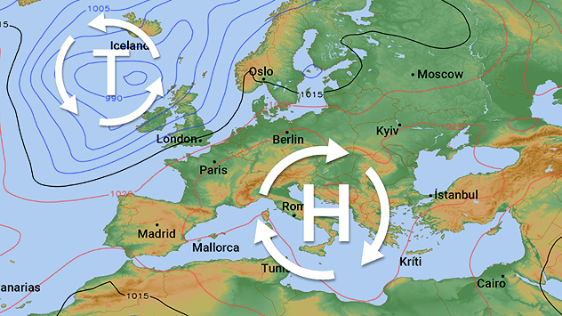Europa-Wetterkarte mit Tief bei Island und Hoch über Italien. Isobaren und Strömungspfeile sind eingezeichnet.