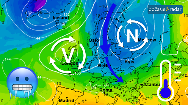 Synoptická mapa Európy s prílevom studeného vzduchu od severu a tlakovou nížou nad východnou Európou