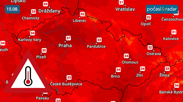 Předpověď maximálních teplot v Česku, pátek 15. srpna: Horko bude v Česku vrcholit během čtvrtka a pátku, kdy maximální teploty na nejteplejších místech naší země porostou až nad 37 °C!