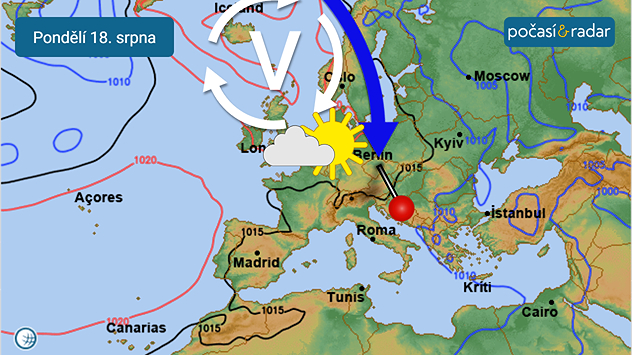 Předpověď synoptické situace nad Evropou, pondělí 18. srpna: Na závěr tohoto týdne k nám pronikne chladnější vzduch od severozápadu kolem další tlakové výše nad severozápadní Evropou.