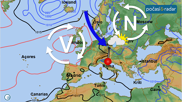 Předpověď synoptické situace nad Evropou na úterý 7. 7.: Česko se bude po velkou část příštího týdne nacházet v chladnějším a vlhčím severozápadním proudění mezi tlakovou výší nad západní Evropou a tlakovou níží nad severovýchodní Evropou.