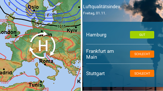 Wetterlage und Luftqualitätsindex für ausgewählte Städte in Deutschland