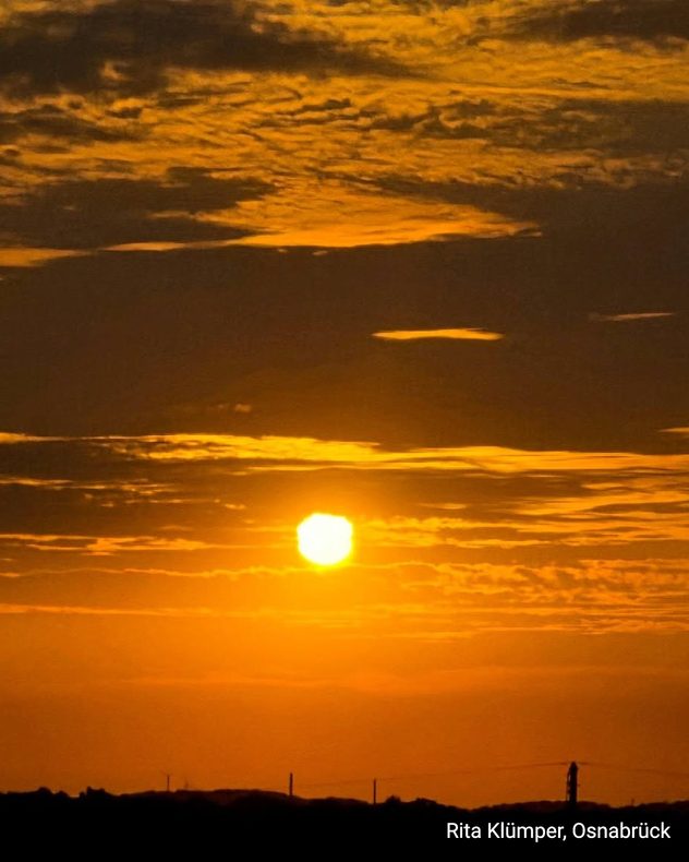 Glühende Sonne geht an orange leuchtendem Himmel unter