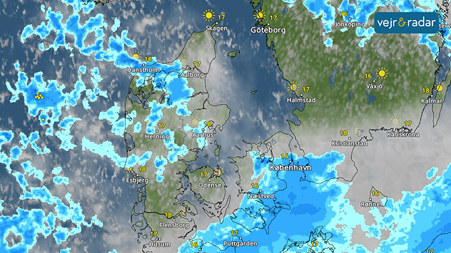 VejrRadar over Danmark med regnbyger og ustadigt vejr i store dele af landet.