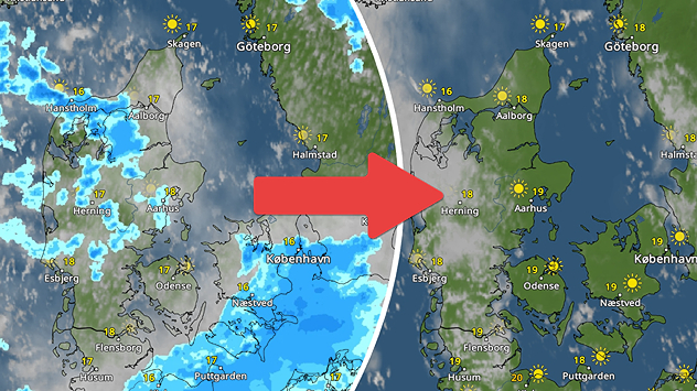 Sammenligning af VejrRadar over Danmark med regnbyger efterfulgt af mere solrigt og tørt vejr.
