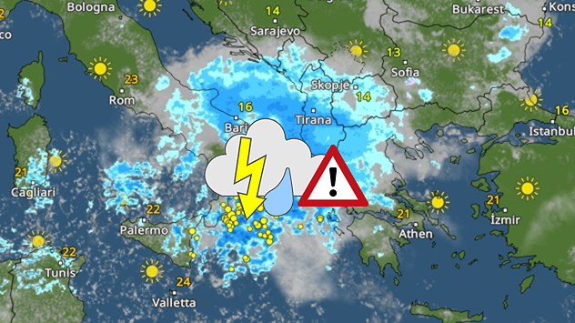 WetterRadar zeigt Regen und Gewitter über Südeuropa