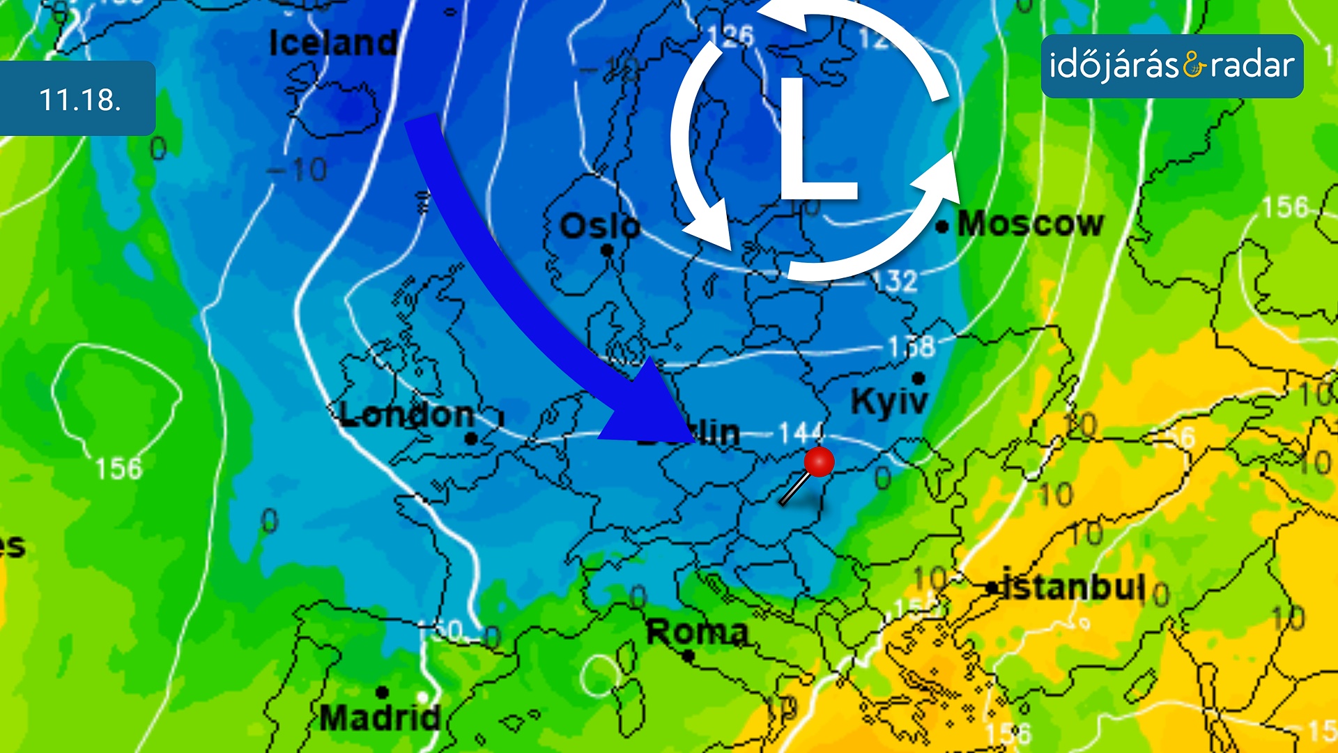 Hőmérsékleti térkép 850hPa-on. Kék színnel a sarkvidéki légtömeg, ahogy Közép-Európa felé terjeszkedik.