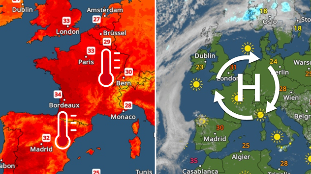 À gauche, le radar des températures, qui indique une vague de chaleur en Europe occidentale. À droite, le radar météo avec la zone de haute pression indiquée.