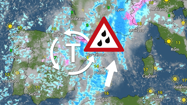 Carte météo de l'Europe avec zone de basse pression, fortes précipitations et symbole d'alerte pour des intempéries sur l'Europe centrale.