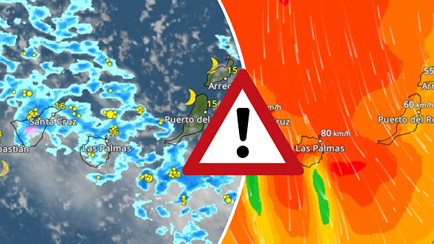 Weather graphic showing rain and wind fields over the Canary Islands and a central warning symbol.