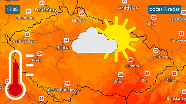 Předpověď maximálních teplot v Česku na neděli 17. 8. : Neděle do Česka přinese již nižší denní maxima kolem 25 °C.