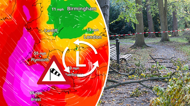Split image showing Storm Austen winds up to 65 mph near Brest and 55 mph near Plymouth, alongside fallen tree branches on a cordoned-off park path.