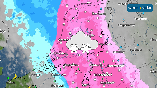 Sneeuwzone boven Nederland. Roze kleur van sneeuw op de radar. Sneeuwsymbool ingetekend.