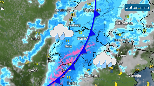 Eine Wetterkarte der Schweiz zeigt im ganzen Land Regen (in Blau). Auf hohen Bergen fällt Schnee (in Rosa). Zudem ist eine Kaltfront als blaue Linie mit Dreiecken eingezeichnet.