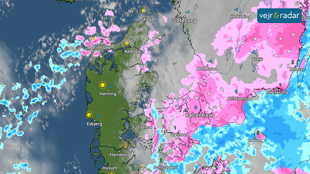 VejrRadaren viser snebyger over hele Sjælland. Sydvestjylland er skyfrit med solskin og 0 grader.
