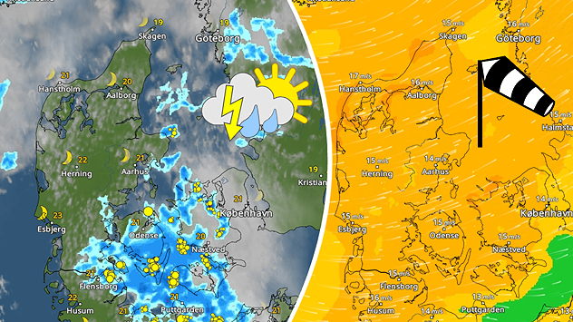 VejrRadar og VindRadar over Danmark med tordenbyger, regn og blæsende vejr.