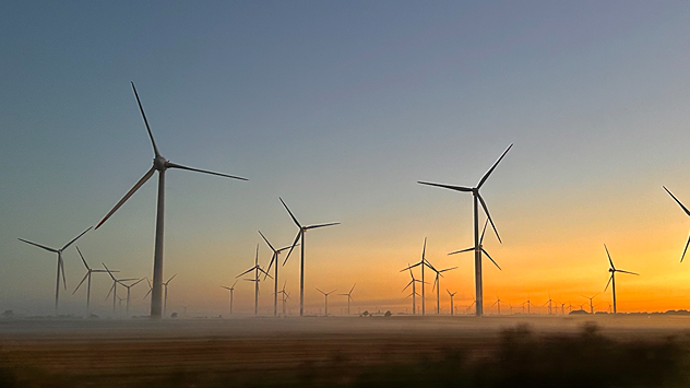 Eine Reihe von Windrädern ragt aus dem Nebel, der Himmel färbt sich orange im Sonnenaufgang.