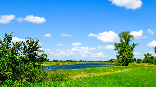 Ein Fluss schlängelt sich durch grüne Wiesen unter strahlend blauem Himmel mit weißen Wolken.