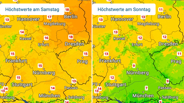 TemperaturRadar für Samstag und Sonntag mit Höchstwerten; am Sonntag in den östlichen Landesteilen deutlich kühler als am Samstag.