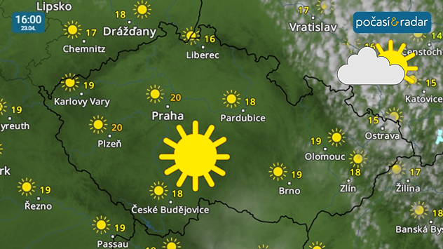 Meteoradar, screenshot, 23. 4. 16:00: Nejbližší dny do Česka přinesou klidné a slunečné počasí, odpolední teploty se budou hlavně ve čtvrtek a v pátek šplhat až ke 20 °C.