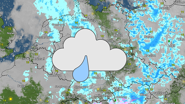 WetterRadar-Karte mit vielen Regengebieten über Deutschland und Mitteleuropa, dargestellt durch große Wolke mit Regentropfen – Temperaturen meist zwischen 10 °C und 14 °C.
