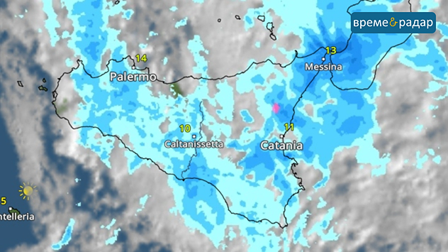 Метеорологичен радар с дъждовни зони над Сицилия. Маркирани са градове като Палермо, Катания и Месина.