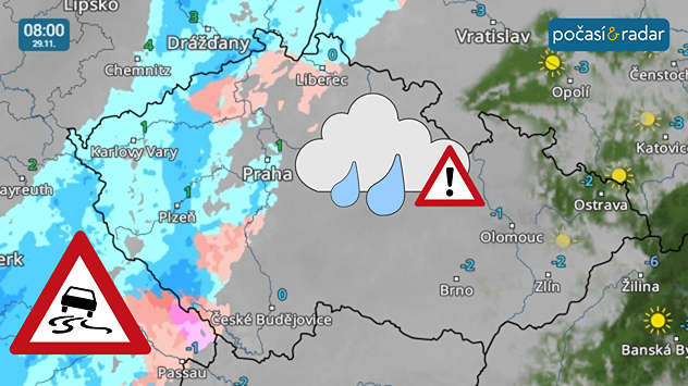 Meteoradar, screenshot, 29. 11., 8:00: Do Česka během noci na sobotu od západu postoupí okluzní fronta. Při svém postupu dále na východ bude fronta slábnout.