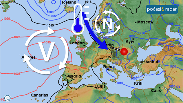 Synoptická mapa Evropy v úterý 29. 7. : České počasí určuje chladné a vlhké severozápadní proudění, které se k nám dostává mezi tlakovou níží nad jihem Skandinávie a tlakovou výší nad Azorskými ostrovy.