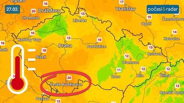 Maximální teploty v Česku v pátek 27. 2.: Pátek přinesl na řadu míst Česka nezvykle vysoké teploty – na jihu Čech bylo dokonce naměřeno až 20 °C!