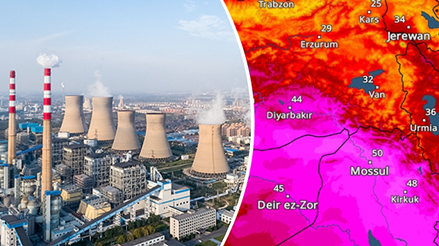Impianto industriale con torri di raffreddamento accanto a una mappa meteorologica che mostra il caldo estremo in Medio Oriente, con temperature che in alcuni casi superano i 50 gradi.