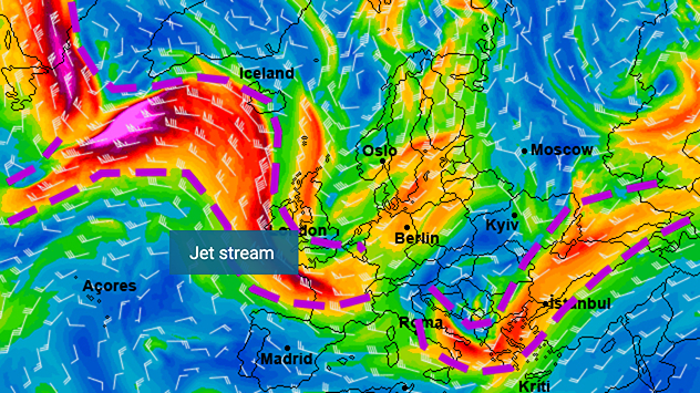 The map shows the wind at an altitude of approximately 7 kilometres. The jet stream is located in the area marked by purple dotted lines.