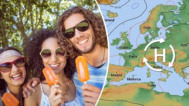 Drei Menschen essen Eis in der Sonne. Rechts daneben ist eine Wetterkarte mit Hochdruckeinfluss über Europa zu sehen.