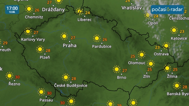 Meteoradar, screenshot, 12. srpna 17:00: Středa do Česka přinese slunečné počasí s denními teplotami většinou lehce přes 25 °C. Mírně chladněji zůstane na severu a severovýchodě území.