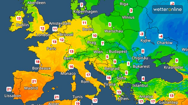Mapa Evropy s nejvyššími teplotami v neděli. Teplé žluté a oranžové odstíny nad západní Evropou, chladnější modré odstíny pouze ve východní Evropě.